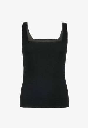 Czarny bezrękawnik wykonany z lekkiego materiału, z kwadratowym dekoltem i gładką fakturą. Bez wzorów i widocznych elementów metalowych.