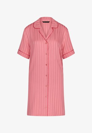 Kort mouw roze gestreepte nachthemd met knopen en contrastbies aan kraag en mouwen, knie-lange stijl.