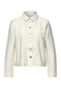 Veste blanche à manches longues boutonnée, avec col, poches poitrine et broderie florale à jours le long de l'ourlet festonné.