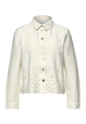 Hvid langærmet jakke med knapper, krave, brystlommer og blomsterbroderi med hulmønster langs den bølgede kant.