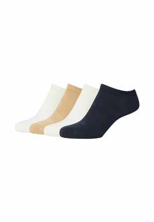 Set van vier enkelsokken in wit, lichtbeige, beige en marineblauw. Gemaakt van zachte stof met een gladde textuur en zonder zichtbare patronen.