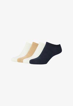 Set di quattro paia di calzini alla caviglia in bianco, beige chiaro, beige e blu navy. Realizzati in tessuto morbido con una texture liscia e senza motivi visibili.