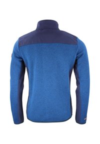 Giacca in fleece con una combinazione di trame blu, colletto e pannello della spalla in blu navy, maniche lunghe e un design elegante senza chiusure visibili.