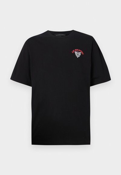 Black cotton t-shirt featuring short sleeves, crew neckline, and a front graphic with red text and a white design of a tiger’s face.