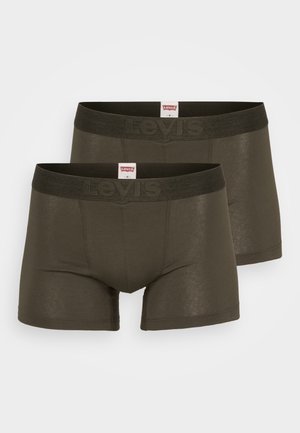 Boxer briefs de color verde oliva oscuro, fabricados en tela suave, con una amplia cinturilla elástica que presenta el logo de "Levi's" en un color contrastante.