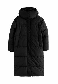 Geacă puffer neagră cu glugă, cu un design matlasat, închidere cu butoane snap și buzunare laterale. Textură netedă și croială de lungime medie.