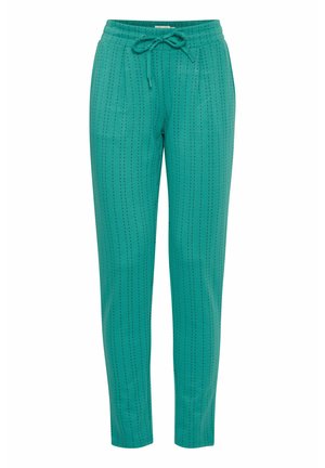 Turkusowe spodnie dresowe z elastycznym paskiem i sznurkiem do regulacji, z delikatnymi pionowymi prążkami oraz dwiema bocznymi kieszeniami dla funkcjonalności.