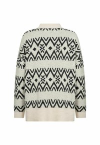 Knit cardigan with a light grey base and black geometric patterns. Features a ribbed hem and cuffs. Relaxed fit with a high collar.