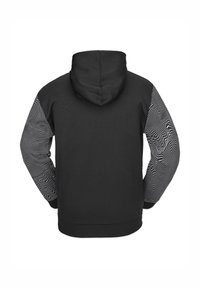 Hoodie noir avec un tissu texturé, un corps noir uni et des manches à motif contrasté en blanc avec des designs en forme de vagues.