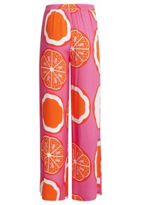 Weite Hose aus pinkem Stoff mit einem auffälligen Druck von orangefarbenen und weißen Zitrusfrüchten. Elastischer Bund für hohen Tragekomfort. Glatte Textur.