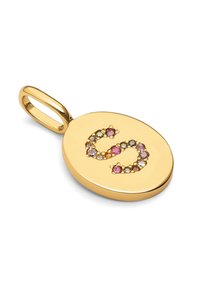 Colgante ovalado de oro con un diseño decorativo en forma de "S" adornado con gemas multicolor que incluyen detalles en rosa, transparente y ámbar.