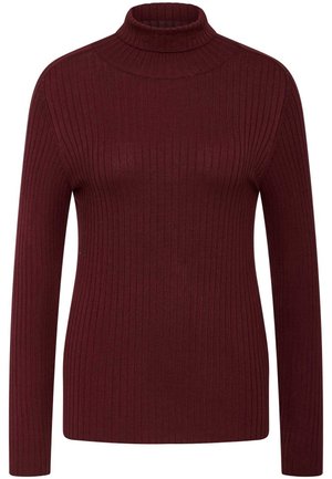 Pull à col roulé bordeaux côtelé à manches longues, avec un design ajusté et une texture douce. Idéal pour superposer lors des temps frais.