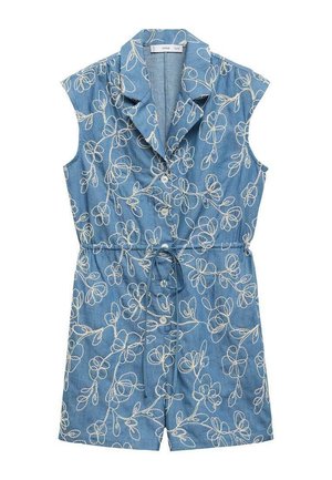 Denim playsuit met een kraaghalslijn, korte mouwen, een cinched taille en witte bloemmotieven overal. Voorzien van knoopsluiting.