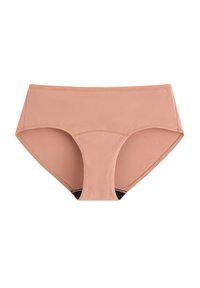 Beige Hipster-Unterwäsche aus weichem, dehnbaren Stoff. Sie verfügt über eine glatte Textur, einen elastischen Bund und einen moderaten Schnitt.