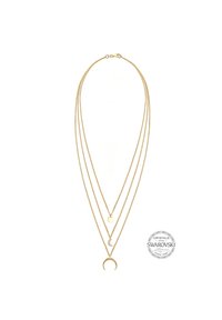 Goldfarbene, mehrlagige Halskette mit drei Ketten; ausgestattet mit runden und schwungförmigen Mond-Anhängern, akzentuiert mit einem Swarovski-Kristall.