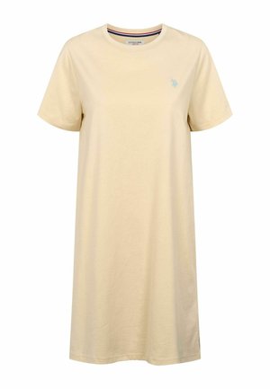 Beiges, knielanges Baumwollkleid mit kurzen Ärmeln, rundem Ausschnitt und kleinem hellblauem, gesticktem Logo auf der linken Brust.