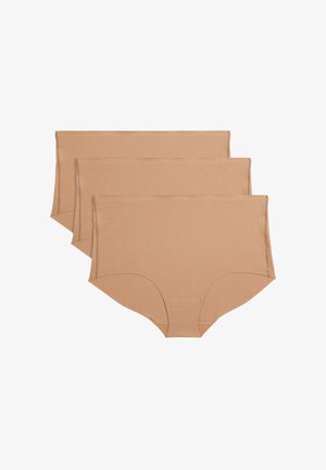 Zestaw trzech par majtek o wysokim stanie w kolorze nude. Wykonane z miękkiego, elastycznego materiału z czystymi brzegami i bez widocznych szwów.
