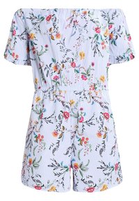 Květinový overal s designem bez ramínek, s vertikálními pruhy v modré a bílé barvě, elastickým pasem a krátkými rukávy.