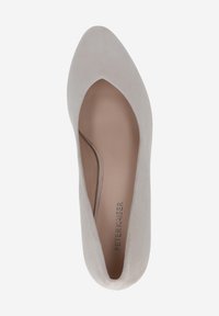 Beige suede pump with a pointed toe and a smooth interior. The shoe features a sleek silhouette and minimalistic design.