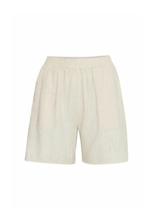 Shorts en lin, beige clair, avec une taille élastique, coupe décontractée et texture subtile. Présente une coupe droite et sans poches.