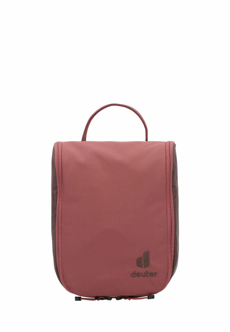 Rote Organisations-Reisetasche mit strukturiertem Finish, Reißverschluss, Oberhandgriff und Logodetail auf der Vorderseite.