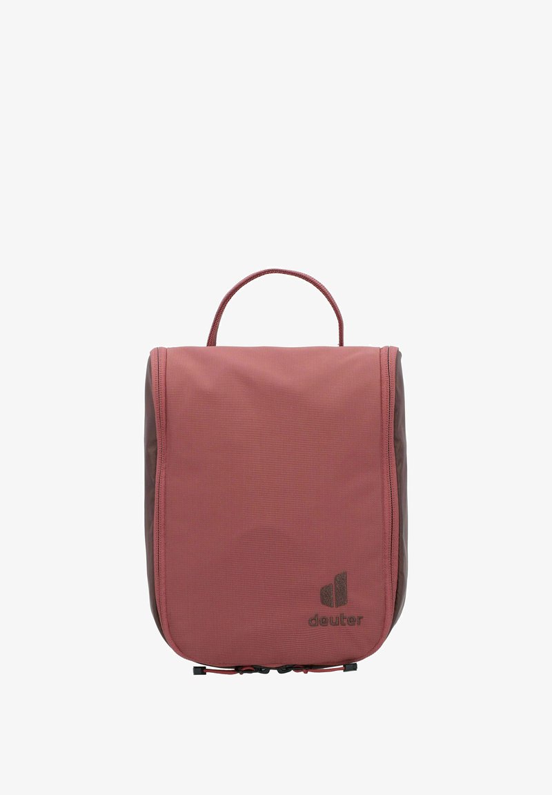 Bolsa de viaje organizativa roja con acabado texturizado, cierre de cremallera, asa superior y detalle del logo en la parte frontal.