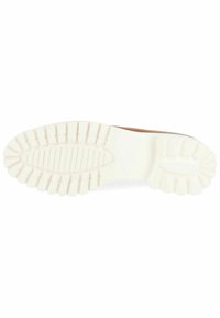 Scarpa marrone con suola in gomma testurizzata, dotata di una soletta bianca e un battistrada decorato per una migliore aderenza. Il design enfatizza la praticità.