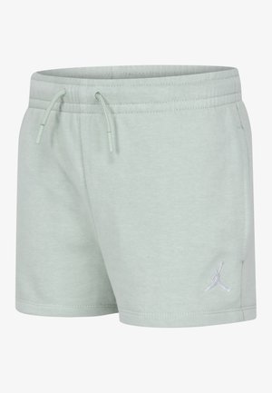 Hellgrüne Sportshorts mit elastischem Bund, Kordelzug, Seitentaschen und kleinem weißem Jumpman-Logo nahe dem Saum.