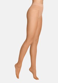 Collant beige trasparenti con una texture liscia, caratterizzati da dettagli a strisce orizzontali nella parte superiore e copertura completa del piede.