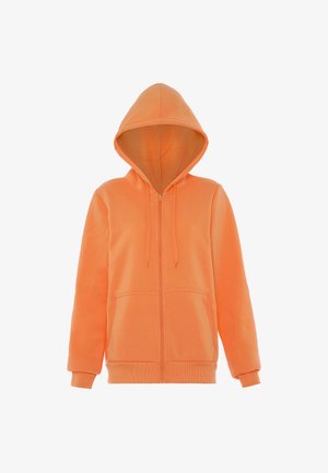 Oranger Reißverschluss-Hoodie aus einem Baumwoll-Mischgewebe, mit Kängurutaschen, verstellbarer Kapuze, gerippten Bündchen und Saum, glatter Textur und lässigem Design.