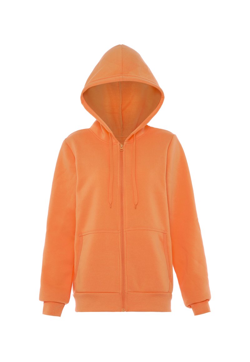 Orange zip-up hættetrøje, lavet af blandingsbomuld, med kengurulommer, justerbar hætte, ribbede manchetter og kant, glat tekstur, afslappet design.