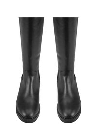 Schwarze Lederstiefel bis zum Knie mit glatter Textur, abgerundetem Zeh und minimalen Nähdetails, die ein elegantes und einheitliches Design zeigen.