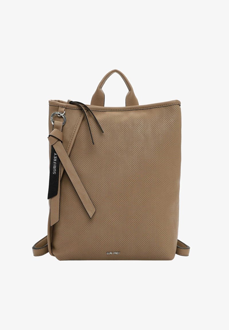 Schwarz perforierter Leder-Rucksack in rechteckiger Form mit einem oberen Tragegriff, verstellbaren Schulterriemen und einem dekorativen Quastendetail.