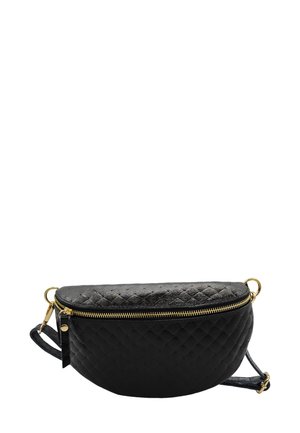 Sac en cuir tissé noir à la forme arrondie, fermeture éclair dorée et bandoulière. Présente un motif texturé et un design épuré pour la fonctionnalité.