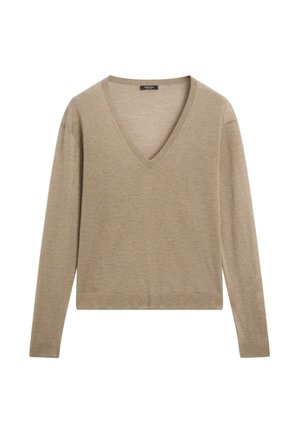 Beżowy sweter z długim rękawem, dekoltem w serek i prążkowanymi mankietami. Wykonany z miękkiego dzianinowego materiału, o luźnym kroju i prostym brzegu.