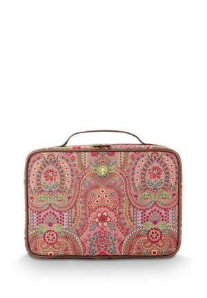 Floral-patterned cosmetic bag in pink fabric, rectangular shape with a top handle, gold-tone hardware, and intricate designs in varying colors.