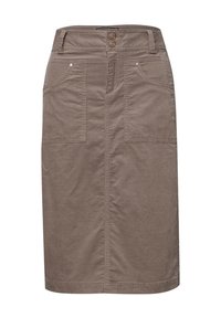 Hame khaki yang terbuat dari campuran katun, memiliki bentuk lurus, dua saku depan besar, jahitan yang terlihat, dan dua kancing penutup di pinggang.