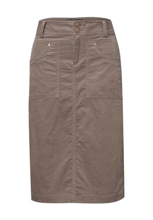 Jupe kaki en mélange de coton, de forme droite, dotée de deux grandes poches avant, de coutures visibles et de deux boutonnages à la taille.