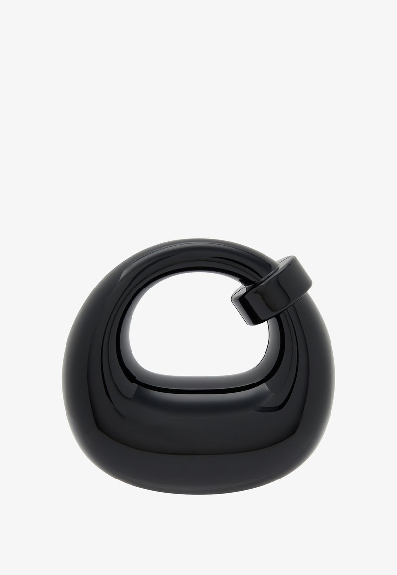 Czarny ceramiczny czajnik o zaokrąglonym, abstrakcyjnym kształcie i pętelkowym uchwycie. Powierzchnia jest błyszcząca, z gładkimi, bezszwowym konturami.