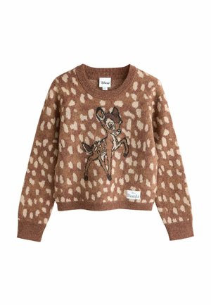Brown sweater with light beige spots and a central design of Disney's Bambi character standing. Disney and Bambi labels visible.