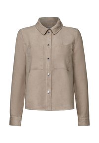 Beige corduroy overhemdjack met een kraag, lange mouwen, twee borstzakken en zilveren knopen. Zachte textuur en ribbelpatroon.