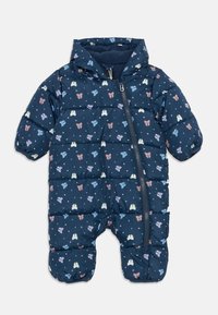 Marineblå hettebaby snowsuit med diagonalt glidelås og fargerikt sommerfugl- og hjerte mønster, polstret for varme.
