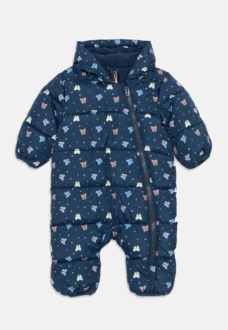 Marineblå hettebaby snowsuit med diagonalt glidelås og fargerikt sommerfugl- og hjerte mønster, polstret for varme.