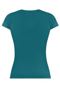 Teal-farbenes, figurbetontes T-Shirt mit kurzen Ärmeln und einem abgerundeten Ausschnitt, aus weichem Stoff, mit einem glatten, nahtlosen Rückendesign.
