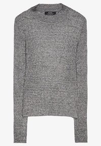 Pull gris à manches longues côtelé avec un col rond et des poignets étendus, présentant une finition texturée semblable à de la laine.