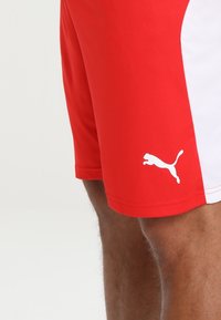 Nahaufnahme eines Oberschenkels einer Person, die rot-weiße Shorts trägt, mit einem weißen Puma-Logo auf dem roten Abschnitt des Stoffes.