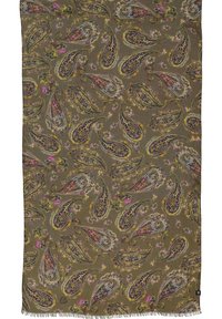 Sciarpa con motivo paisley in verde oliva, con accenti in viola, rosa e oro, caratterizzata da una texture morbida e bordi frangiati.