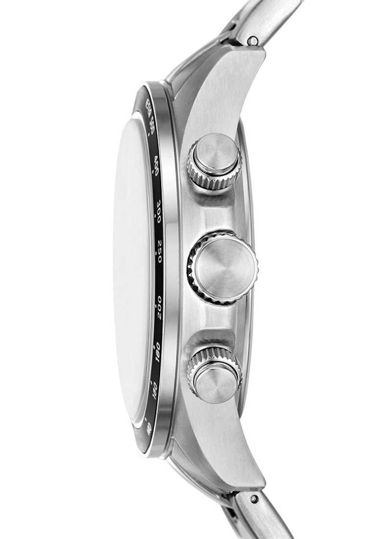 Zegarek ze stali nierdzewnej o polerowanym wykończeniu, z białą tarczą, obracającą się czarną lunetą i trzema wyraźnymi okrągłymi pokrętłami.