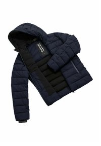 Puchowa granatowa kurtka z odpinanym kapturem, pikowany design, czarna podszewka, zamek z przodu i boczne kieszenie. Oznaczona "Bambooogie."