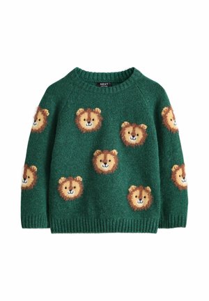Green knitted sweater with smiling lion faces pattern repeated on front and sleeves, ribbed cuffs and neckline.